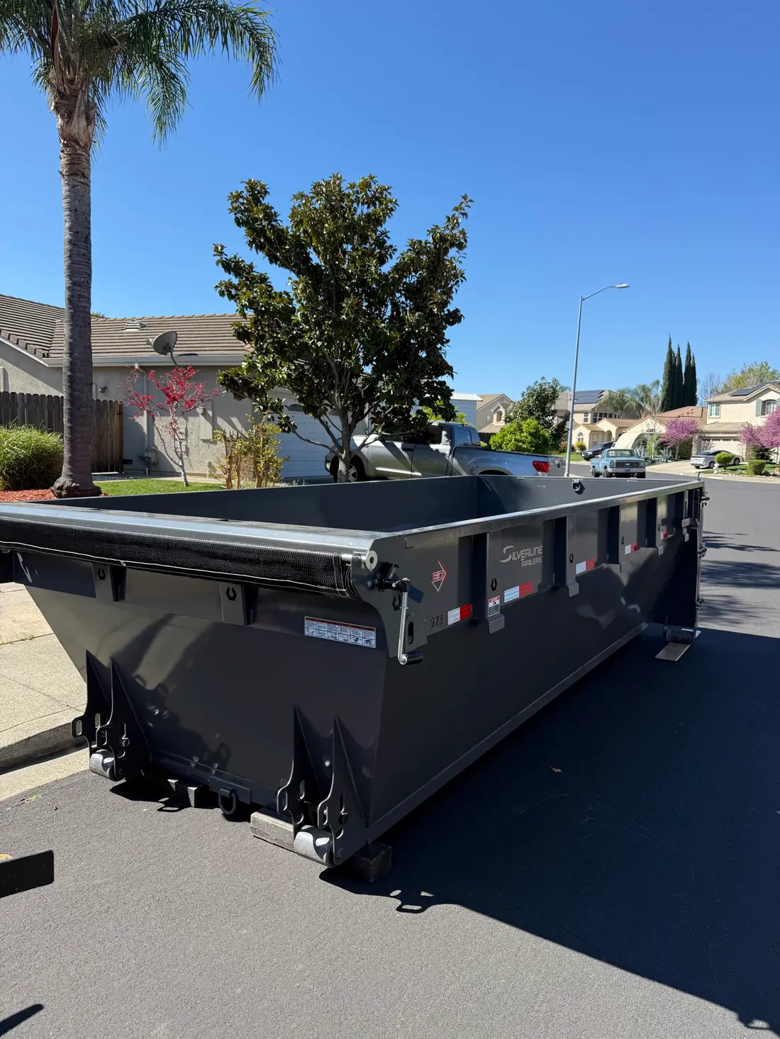 Clean 16-yard roll-off dumpster delivered under a palm tree